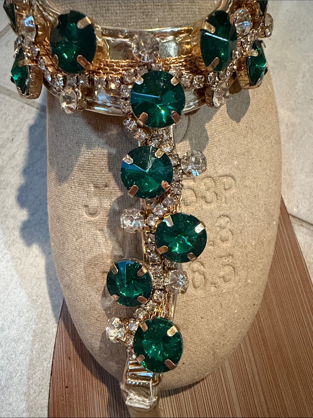 Gold T-Strap Sandals with Emerald Gem Accents - Picture 3 of 5